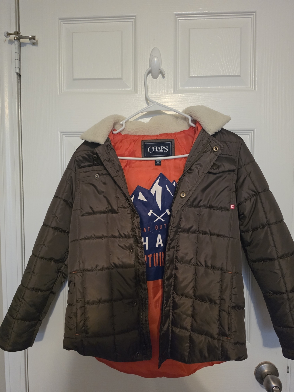 Chaps Brown Jacket with Orange Interior and Faux Shearling Collar